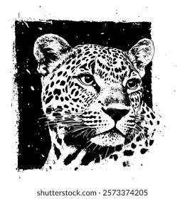 elegant black and white vector portrait of a leopard, capturing its piercing gaze and detailed spotted coat with bold textures and artistic precision.