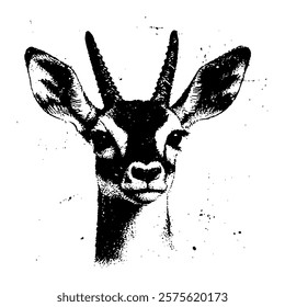 elegant black and white vector portrait of an antelope, showcasing its delicate features and textured horns with intricate details for a natural design.