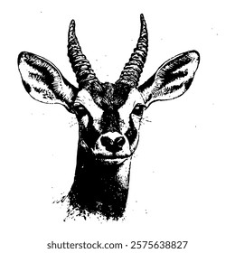 elegant black and white vector portrait of a gazelle, highlighting its slender face, intricate horns, and graceful features with fine textures.