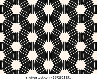 Elegant black and white vector seamless pattern. Abstract floral geometric texture. Monochrome ornamental background with flower silhouettes, lines, hexagonal grid, lattice. Simple repeating design