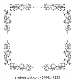 Elegant black and white vegetal ornamental frame with tulips, decorative border, corners for greeting cards, banners, business cards, invitations, menus. Isolated vector illustration.