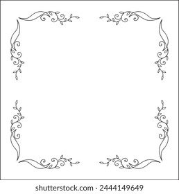 Elegant black and white vegetal ornamental frame, decorative border, corners for greeting cards, banners, business cards, invitations, menus. Isolated vector illustration.