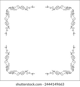 Elegant black and white vegetal ornamental frame, decorative border, corners for greeting cards, banners, business cards, invitations, menus. Isolated vector illustration.