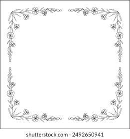 Elegant black and white vegetal ornamental frame with cornflowers, decorative border, corners for greeting cards, banners, business cards, invitations, menus. Isolated vector illustration.	
