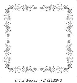 Elegant black and white vegetal ornamental frame with forest flowers, decorative border, corners for greeting cards, banners, business cards, invitations, menus. Isolated vector illustration.	