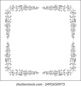 Elegant black and white vegetal ornamental frame with flowers, decorative border, corners for greeting cards, banners, business cards, invitations, menus. Isolated vector illustration.	