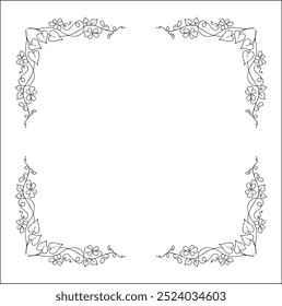 Elegant black and white vegetal ornamental frame with violet flowers, decorative border, corners for greeting cards, banners, business cards, invitations, menus. Isolated vector illustration.	