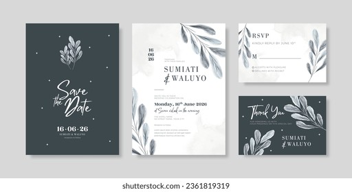 Elegant black and white wedding invitation template with watercolor eucalyptus