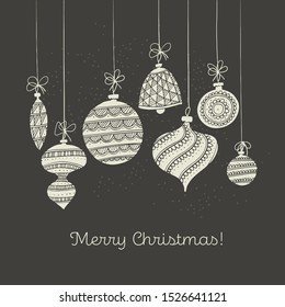 Elegant black and white xmas baubles for card, header, invitation, poster, social media, post publication. Vintage Christmas and New year decoration element in lace style. 