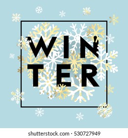 Elegant black winter lettering design with shiny white and gold textured snowflakes in frame on blue background. Vector illustration EPS 10