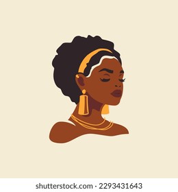 Elegant black woman African beauty aesthetic lady golden accessories portrait vector flat illustration. Fashion Afro dark skin face hair female ethnic hairstyle traditional chic earrings necklace