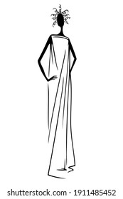 An elegant black woman in a long straight dress. Hand-drawn drawing.