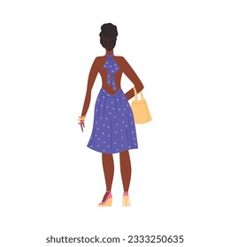 Elegant black woman standing backside, flat vector illustration isolated on white background. Fashionable person in dress, with accessories and bag, rear view. Turned back character.