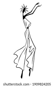 An elegant black woman in a top and flared trousers. Hand drawing.