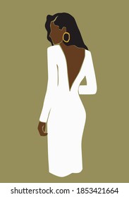 Elegant black woman in white dress on the isolated olive background. Vector abstract illustration.
