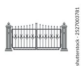 Elegant black wrought iron gates with stone pillars isolated on a white background, showcasing intricate design details suitable for various uses