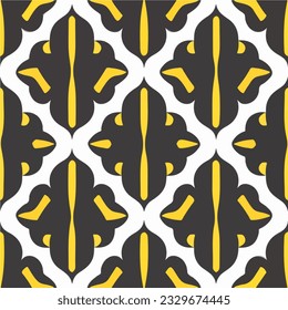 Elegant black and yellow damask pattern on a white background, showcasing art deco influences. The seamless design exudes sophistication.