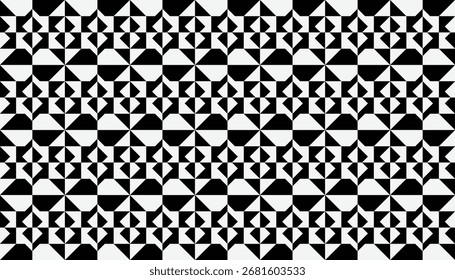 Un elegante patrón geométrico en blanco y negro con una combinación de estrellas y triángulos. Este diseño moderno y repetitivo es adecuado para fondos, textiles y Fondo de pantalla