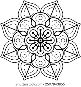 Elegant black-and-white mandala with floral patterns and symmetrical details, perfect for coloring, meditation, and decorative designs.