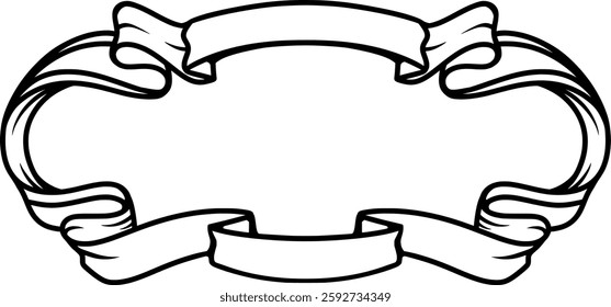 Elegant black-and-white ribbon banner with a classic vintage design. Perfect for logos, labels, certificates, and decorative elements in graphic design. The flowing curves give it a timeless