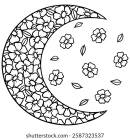 Elegant black-and-white vector illustration of a crescent moon filled with delicate flowers and falling petals. Perfect for tattoo designs, spiritual art, boho decor, coloring pages, and celestial