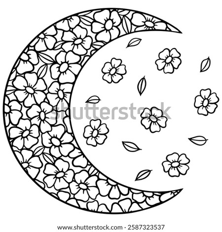 Elegant black-and-white vector illustration of a crescent moon filled with delicate flowers and falling petals. Perfect for tattoo designs, spiritual art, boho decor, coloring pages, and celestial