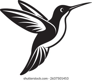 Elegant black-and-white vector illustration of a hummingbird in flight, with detailed wings and a sleek silhouette, ideal for nature, wildlife, or decorative designs.
