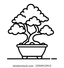 Elegant black-and-white vector illustration of a twisted bonsai tree in a minimalist ceramic pot. The aged trunk branches into soft, round leaves forming a full canopy. For Zen-inspired themes.