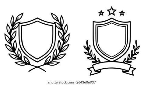 Elegant black-and-white vector illustration of two shield emblems with laurel wreaths and decorative accents