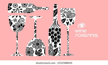 Elegant black-and-white wine banner with intricate patterns on glasses and bottles, perfect for tasting event posters, winery promotions, and creative menus.