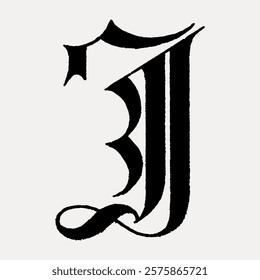 Elegant blackletter J, ornate blackletter style, classic blackletter typography. Intricate blackletter J design. Vintage black font illustration isolated on white, vector.