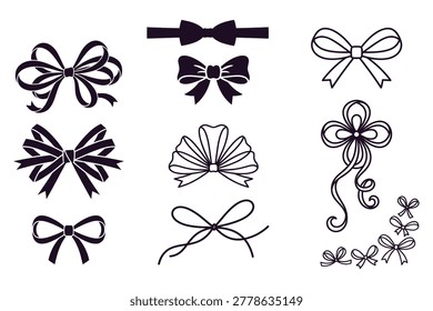 Elegant blackwhite bow illustrations collection featuring decorative ribbon designs in monochrome vector style for branding and packaging use
