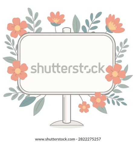 Elegant blank signboard surrounded by soft pink and orange blooms
