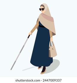 Elegante mujer ciega en hijab con gafas de sol y bastón y un bolso, ilustración plana de moda, Crutch Walking, Bastón con correa de muñeca plegable mano Walking Stick Ciego plegable movilidad Cane Guide