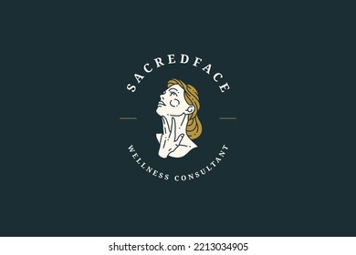 Elegant blonde woman stroking neck enjoy perfect skin care minimalist logo with place for text vector illustration. Gorgeous lady with natural beauty wellness face body procedure emblem