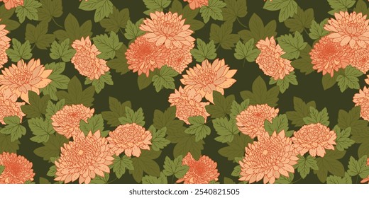 Elegant blooming floral seamless pattern on green background. Stylized peonies, dahlias, chrysanthemums. Artistic abstract flowers and leaves repeated print. Vector drawn botanical illustration.