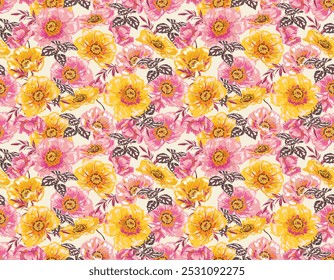 Elegante jardín floreciente floral, dibujar a mano Flor salvaje de plantas botánicas Vector de fondo sin fisuras Illustran Not AI, Diseño para la moda, tela, textil, Fondo de pantalla, envoltura y todos los estampados
