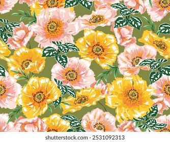 Elegante jardín floreciente floral, dibujar a mano Flor salvaje de plantas botánicas Vector de fondo sin fisuras Illustran Not AI, Diseño para la moda, tela, textil, Fondo de pantalla, envoltura y todos los estampados
