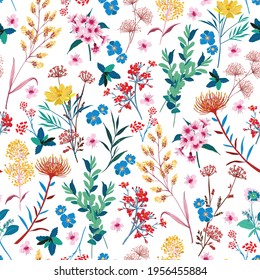 Elegant Blooming Garden floral in small hand draw flower with many kind of botanical plants seamless background Liberty style,Design for fashion, fabric, textile, wallpaper, cover, web , wrapping 