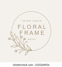 Elegant blossom floral frame. Logo template in minimal linear style with flowers. Botanical trendy vector illustration for labels, 
branding business identity, wedding invitation