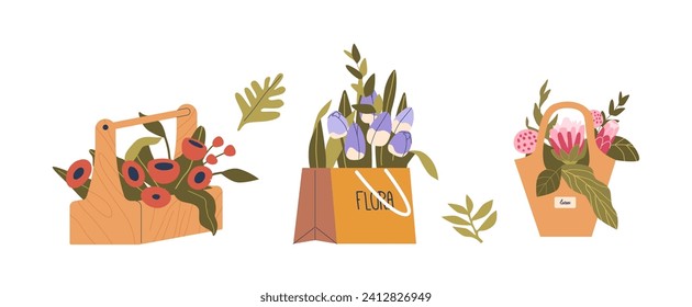 Elegant Blossoms Adorned In Vibrant Hues, Carefully Arranged And Embraced By Tasteful Gift Packaging Vector Illustration