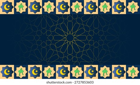 Elegante fondo azul con sutiles patrones geométricos islámicos dorados, bordeados por cuadrados alternos de lunas en media luna, estrellas y ketupat verde, ideal para celebraciones de Ramadán o Eid.
