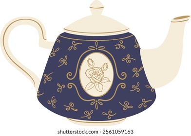 Elegant blue and beige teapot with golden floral decorations and a rose design, perfect for a refined tea time, evoking a sense of classic beauty and sophistication