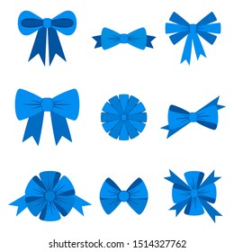 Elegant blue bows from a wide ribbon. Decor for greeting cards for birthday, christmas, new year. Gifts on sale, prize to winner. Surprises for holidays and packing presents. Flat illustration.