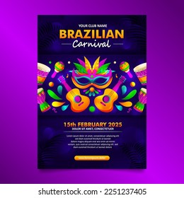 Elegant Blue Brazilian carnival Flyer with colorful  Batucada Drum, guitar, mask and more elements