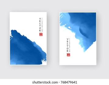 Elegant blue brochure template design with ink brush elements. Abstract decoration. Vector illustration.