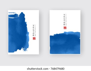 Elegant blue brochure template design with ink brush elements. Abstract decoration. Vector illustration.