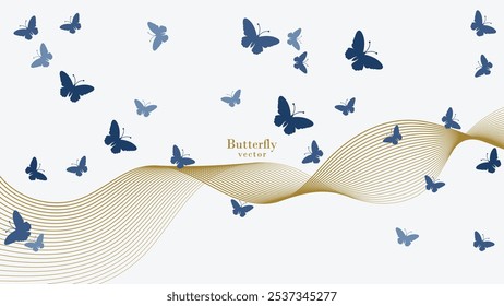 Elegant Blue Butterflies with Golden Waves Vector Illustration isolated in white