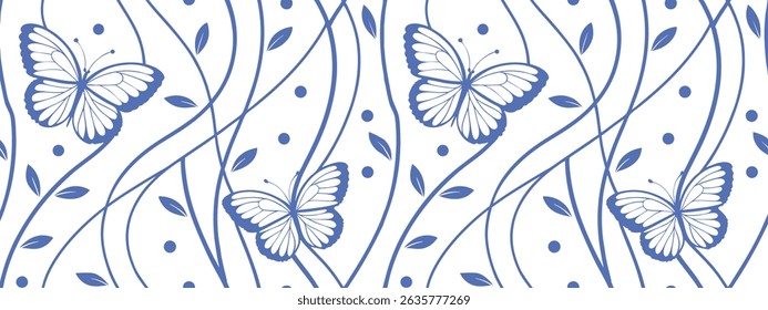 Elegant blue butterfly seamless pattern with swirls on a white background. Light and decorative design ideal for wallpapers, wrapping paper, and fabric. Gentle and stylish for creative uses.