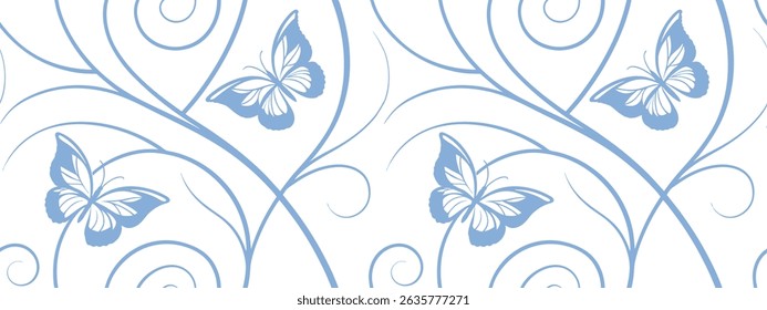 Elegant blue butterfly seamless pattern with swirls on a white background. Light and decorative design ideal for wallpapers, wrapping paper, and fabric. Gentle and stylish for creative uses.